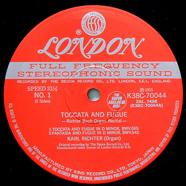 Karl Richter - Toccata And Fugue (Richter Bach Organ Recital) (Vinyl, LP, Album, Reissue, Stereo) Near Mint (NM or M-) / Very Good Plus (VG+)
