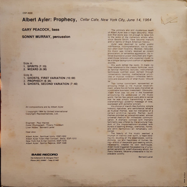 Albert Ayler - Prophecy (Vinyl, LP, Album, Reissue) Very Good Plus (VG+) / Good Plus (G+)