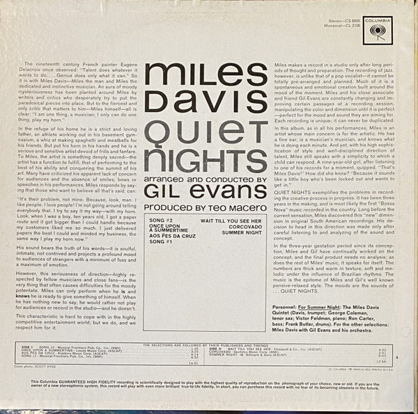 Miles Davis - Quiet Nights (Vinyl, LP, Album, Mono) Very Good Plus (VG+) / Very Good (VG)