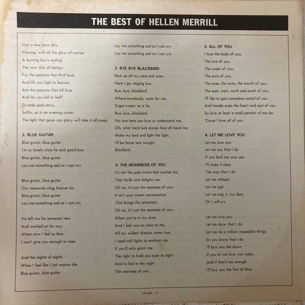 Helen Merrill - The Best Of Hellen Merrill (Vinyl, LP, Compilation) Very Good Plus (VG+) / Very Good Plus (VG+)