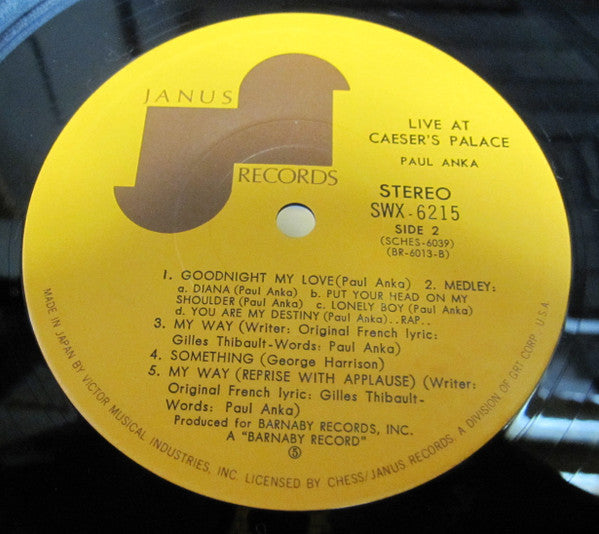 Paul Anka - Live At Caeser's Palace (Vinyl, LP, Album) Very Good Plus (VG+) / Very Good Plus (VG+)