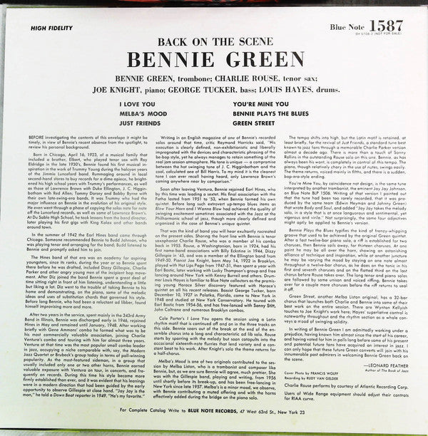 Bennie Green - Back On The Scene (Vinyl, LP, Album, Promo, Reissue, Mono) Very Good Plus (VG+) / Very Good (VG)