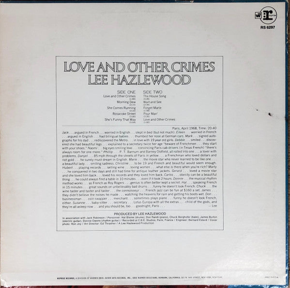 Lee Hazlewood - Love And Other Crimes (Vinyl, LP, Album, Stereo) Very Good Plus (VG+) / Very Good (VG)