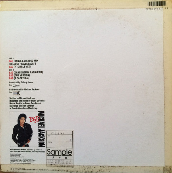 Michael Jackson - Bad (Vinyl, 12", 45 RPM, Maxi-Single, Promo) Near Mint (NM or M-) / Very Good (VG)