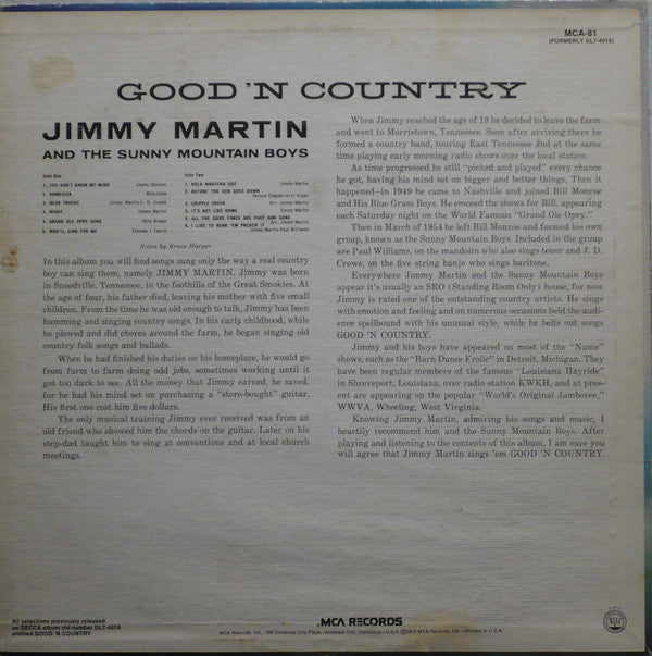 Jimmy Martin - Good 'N Country (Vinyl, LP, Album, Reissue) Very Good (VG) / Very Good Plus (VG+)