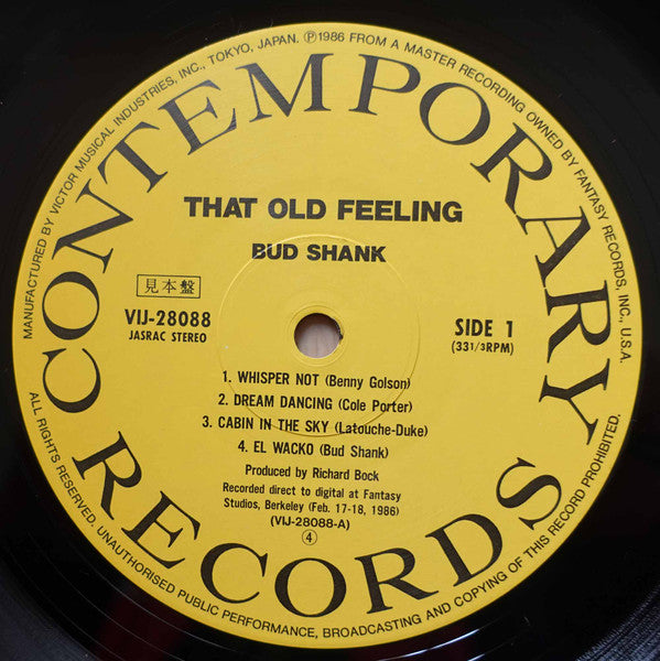 Bud Shank Quartet - That Old Feeling (Vinyl, LP, Promo) Very Good Plus (VG+) / Very Good Plus (VG+)
