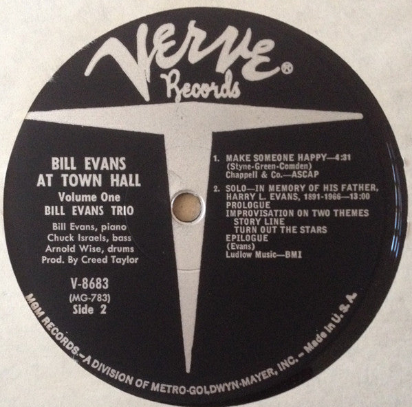 The Bill Evans Trio - Bill Evans At Town Hall (Volume One) (Vinyl, LP, Album, Mono) Very Good Plus (VG+) / Good Plus (G+)
