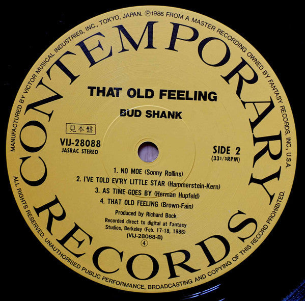 Bud Shank Quartet - That Old Feeling (Vinyl, LP, Promo) Very Good Plus (VG+) / Very Good Plus (VG+)