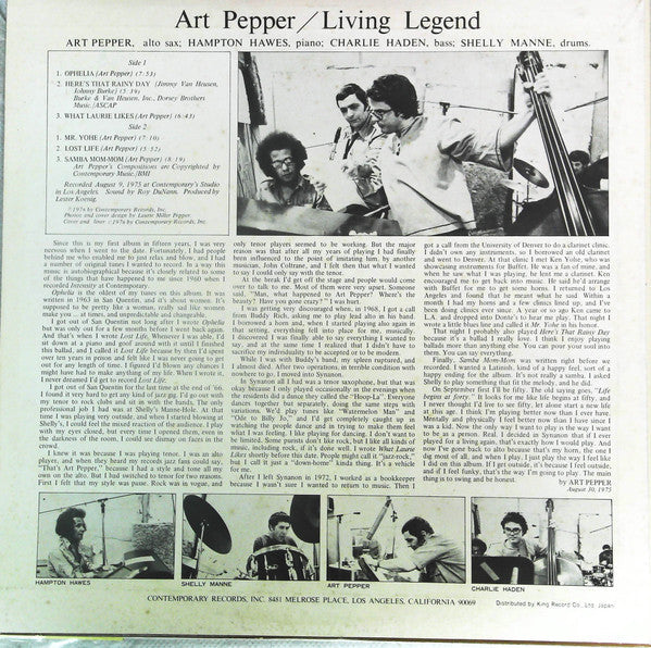 Art Pepper - Living Legend (Vinyl, LP, Album, Promo) Very Good Plus (VG+) / Good Plus (G+)