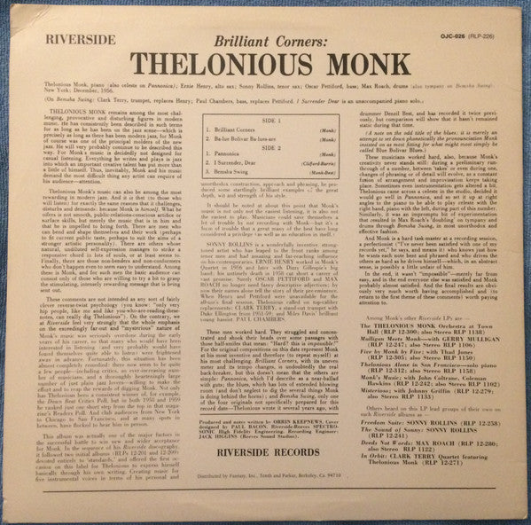 Thelonious Monk - Brilliant Corners (Vinyl, LP, Reissue, Mono) Near Mint (NM or M-) / Very Good Plus (VG+)