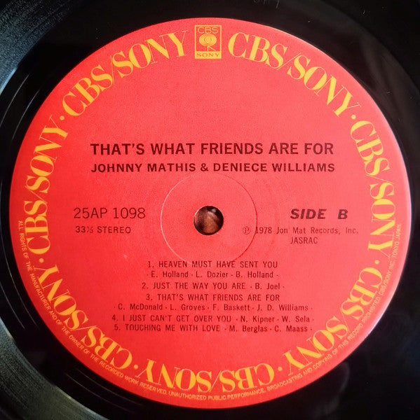 Johnny Mathis - That's What Friends Are For (Vinyl, LP) Very Good (VG) / Very Good (VG)