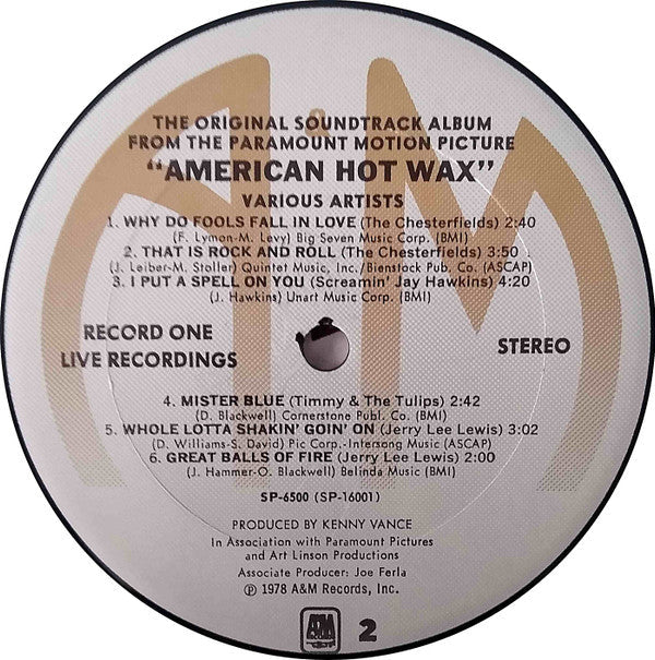 Various - The Original Soundtrack Album From The Paramount Motion Picture "American Hot Wax" (2xVinyl, LP, Album, Compilation, Mono, Stereo) Very Good Plus (VG+) / Very Good (VG)