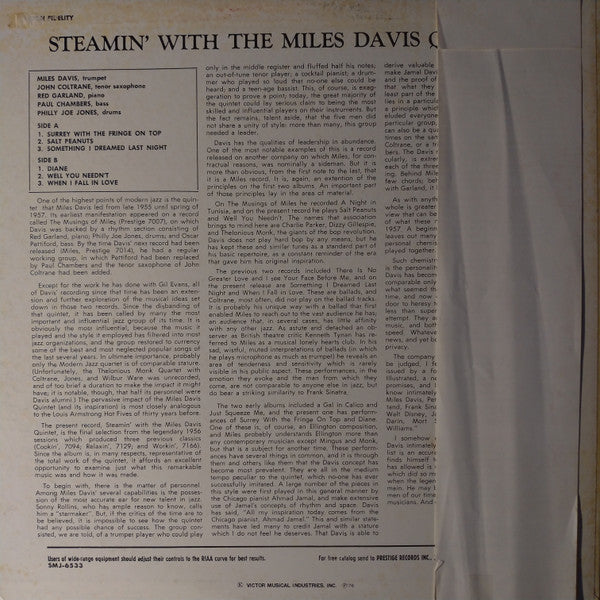 The Miles Davis Quintet - Steamin' With The Miles Davis Quintet (Vinyl, LP, Album, Promo, Reissue, Mono) Very Good Plus (VG+) / Very Good Plus (VG+)