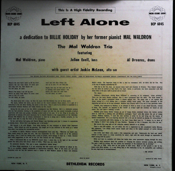 Mal Waldron - Left Alone (Vinyl, LP, Album, Repress, Stereo) Very Good (VG) / Very Good (VG)