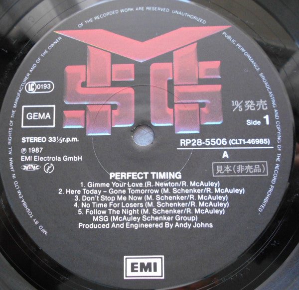 McAuley Schenker Group - Perfect Timing = パーフェクト・タイミング (Vinyl, LP, Album, Promo) Near Mint (NM or M-) / Very Good Plus (VG+)