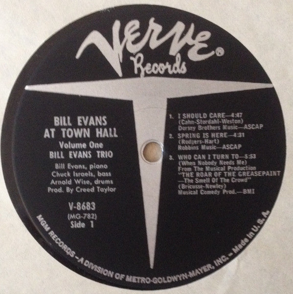 The Bill Evans Trio - Bill Evans At Town Hall (Volume One) (Vinyl, LP, Album, Mono) Very Good Plus (VG+) / Good Plus (G+)