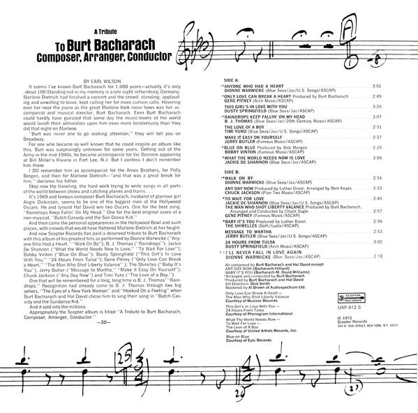 Various - A Tribute To Burt Bacharach Composer, Arranger, Conductor (Vinyl, LP, Compilation) Very Good (VG) / Good Plus (G+)