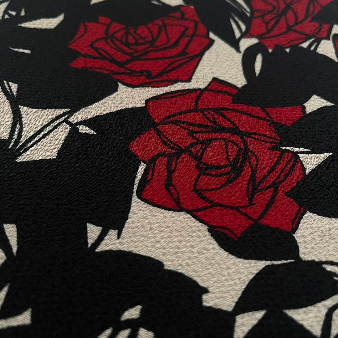 Retro-modern Chirimen Obiage (Sash) with a deep scarlet Yumeji rose on a sandy background.