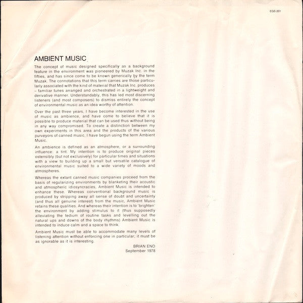 Brian Eno - Ambient 1 (Music For Airports) (Vinyl, LP, Album, Reissue) Near Mint (NM or M-) / Near Mint (NM or M-)
