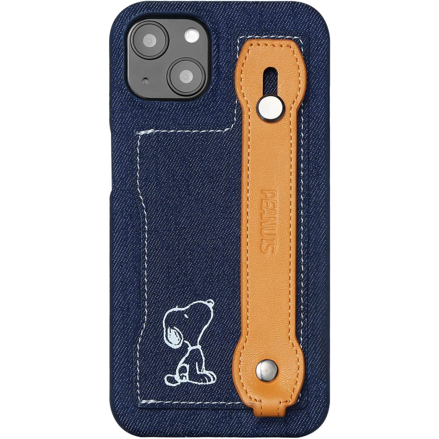 [スヌーピー/SNOOPY]iPhone(アイフォン)用 高級イタリアンレザーXデニム生地 スマホケース (オレンジ)