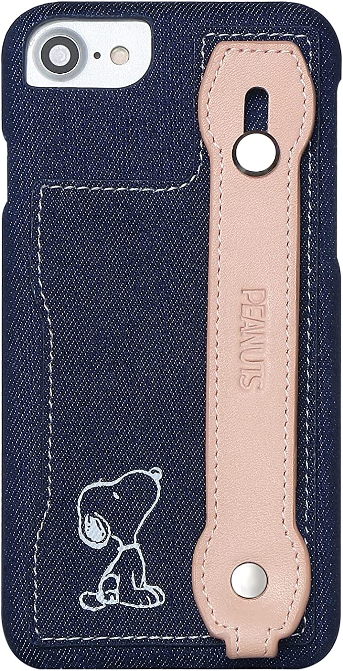[スヌーピー/SNOOPY]iPhone(アイフォン)用 高級イタリアンレザーXデニム生地 スマホケース(ピンク)