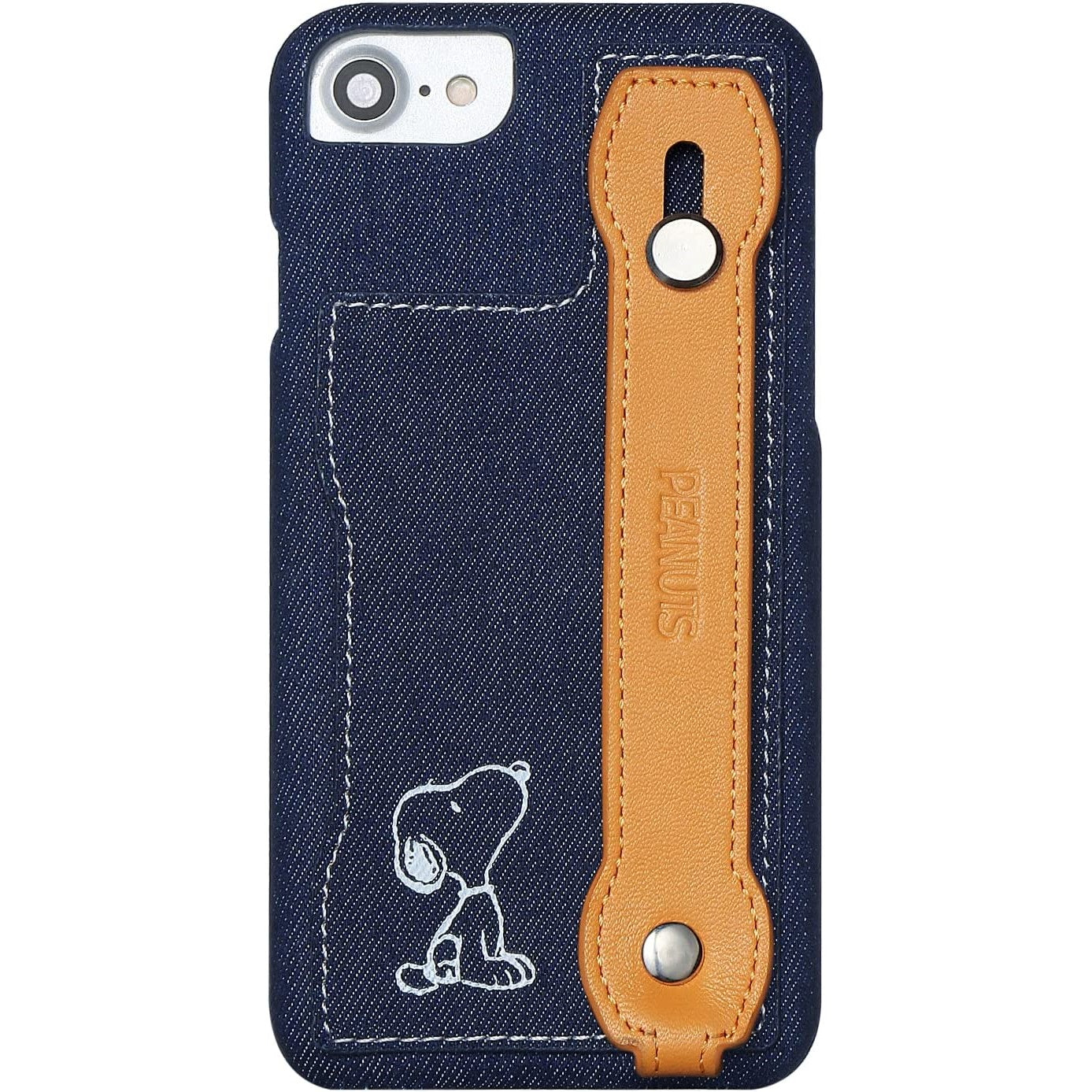 [スヌーピー/SNOOPY]iPhone(アイフォン)用 高級イタリアンレザーXデニム生地 スマホケース (オレンジ)