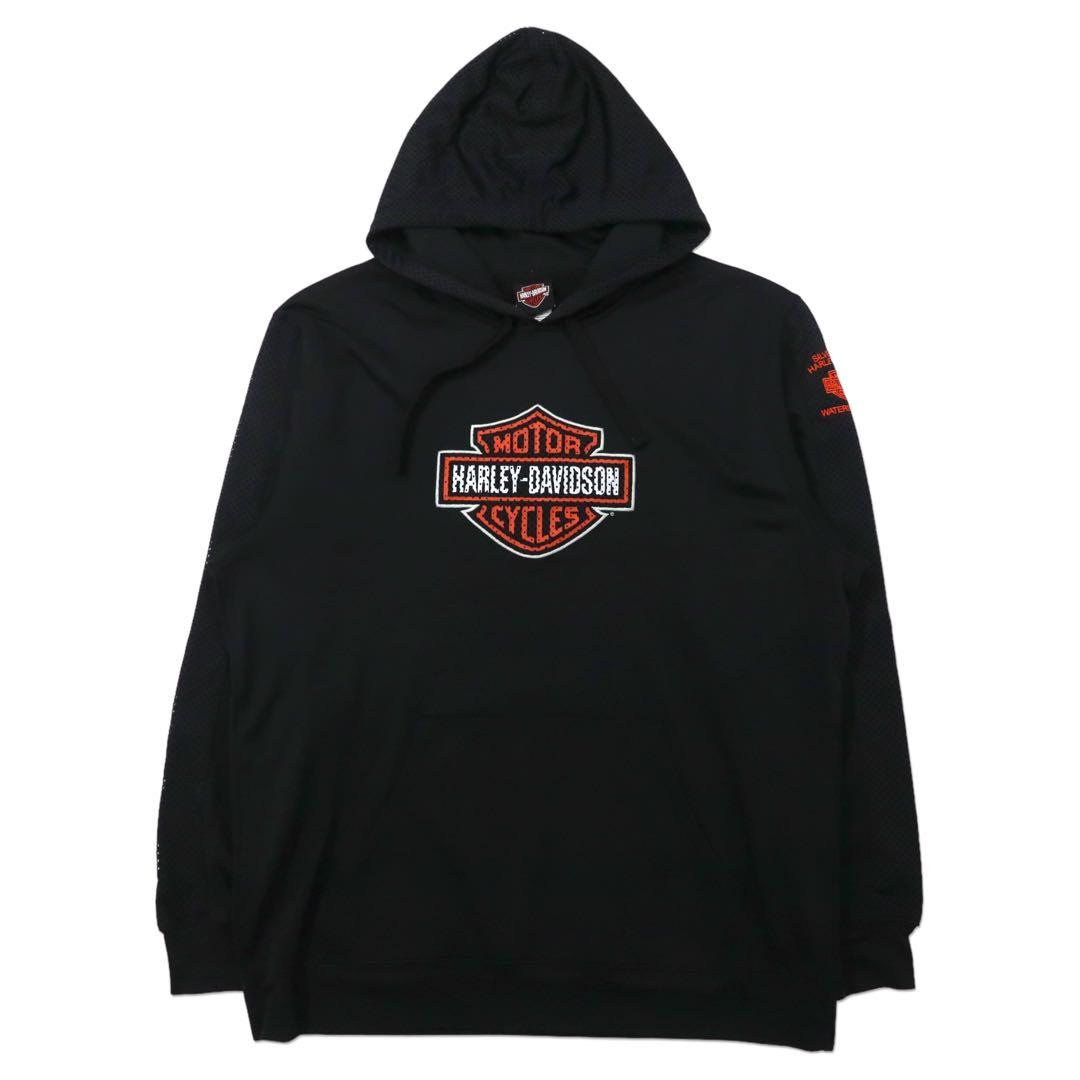 HARLEY DAVIDSON ロゴプリント プルオーバーパーカー XL ブラック メッシュ切替 パンチング ビッグサイズ