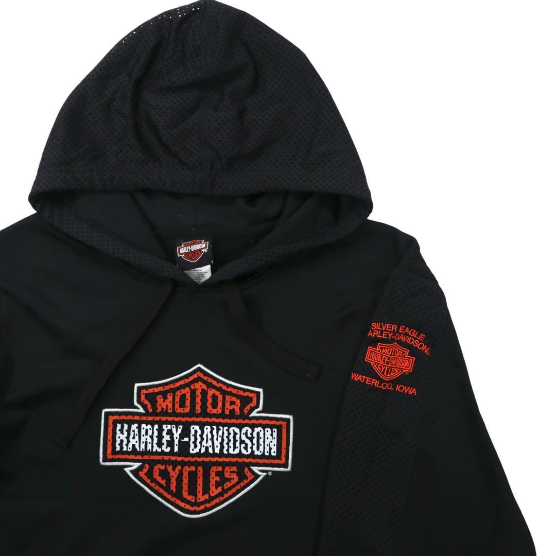HARLEY DAVIDSON ロゴプリント プルオーバーパーカー XL ブラック メッシュ切替 パンチング ビッグサイズ