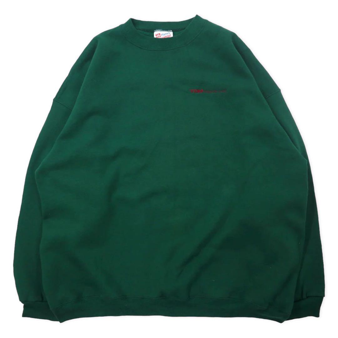 Hanes USA製 90年代 HEAVYWEIGHT クルーネック スウェット XXL グリーン コットン 裏起毛 ワンポイント刺繍 TDM TILING INC. ビッグサイズ