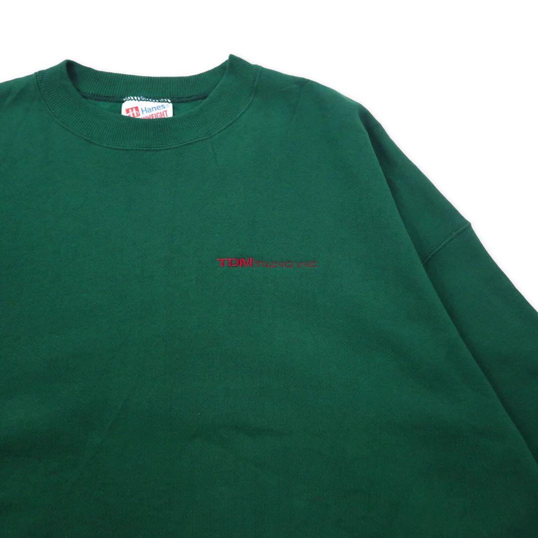 Hanes USA製 90年代 HEAVYWEIGHT クルーネック スウェット XXL グリーン コットン 裏起毛 ワンポイント刺繍 TDM TILING INC. ビッグサイズ