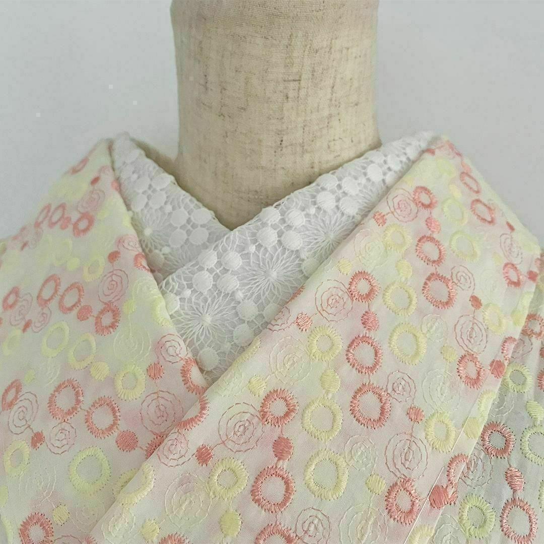 着物 単衣 刺繍 ピンクとイエローのドット きもの コットン 水玉 カジュアル