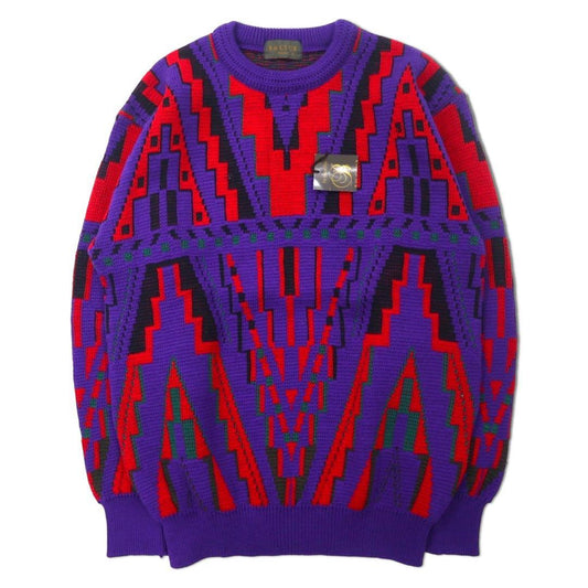 BM CLUB 90s All-Over Print Knit Sweater, Size L, Red/Blue, Acrylic/Wool, Made in Japan, Unused