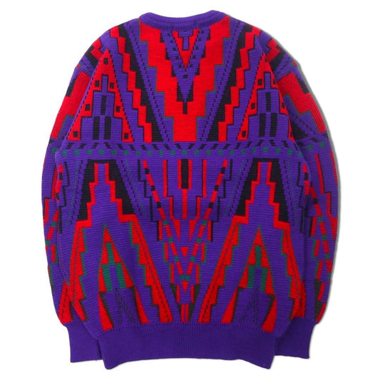 BM CLUB 90s All-Over Print Knit Sweater, Size L, Red/Blue, Acrylic/Wool, Made in Japan, Unused