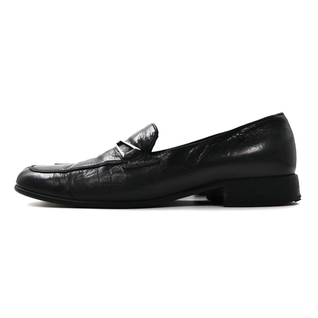 PRADA ローファー 23cm ブラック Vチップ レザー ロゴプレート イタリア製