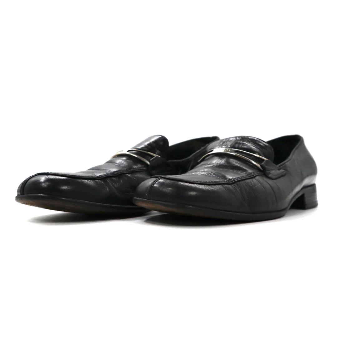 PRADA ローファー 23cm ブラック Vチップ レザー ロゴプレート イタリア製