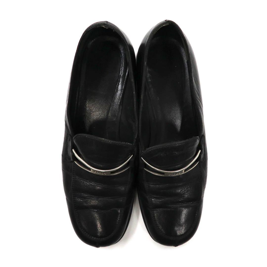 PRADA ローファー 23cm ブラック Vチップ レザー ロゴプレート イタリア製