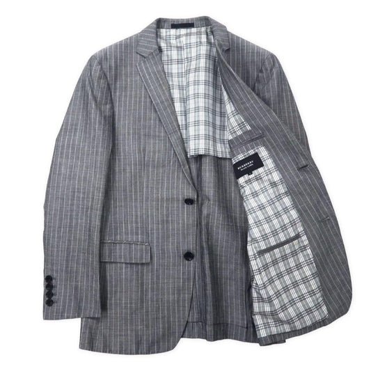 BURBERRY BLACK LABEL 2B Tailored Jacket, Size S, Gray Striped Wool/Linen Blend with Nova Check Lining, D1E22-383-06