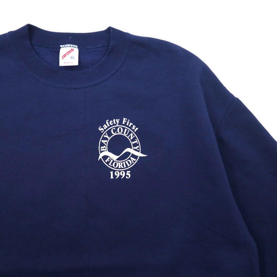 JERZEES USA Made 90s Printed Sweatshirt, Size XL, Navy, Cotton, Fleece-Lined, Bay County, Florida